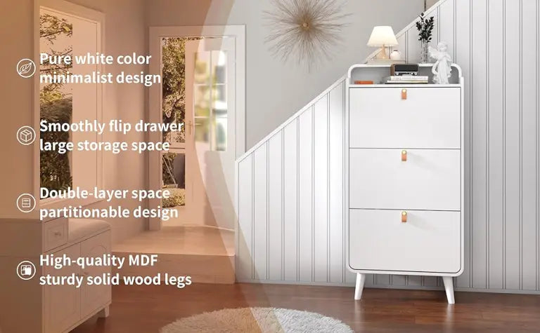Shoe Storage Cabinet with 3 Flip Drawers, Freestanding Narrow Tipping Shoe Storage Rack with Top Open Cubby Shelf for Entryway, Modern White