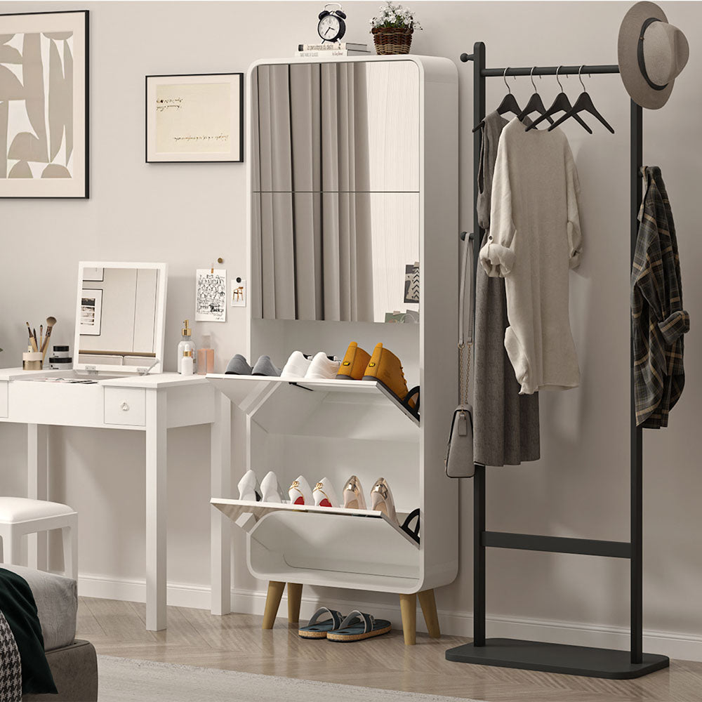 Mirror Shoe Cabinet with 4 Flip Drawers, Wooden Shoe Organizer with Solid Wood Legs, Full Length Mirror Shoe Rack, Narrow Shoe Storage Cabinet for Entryway, White