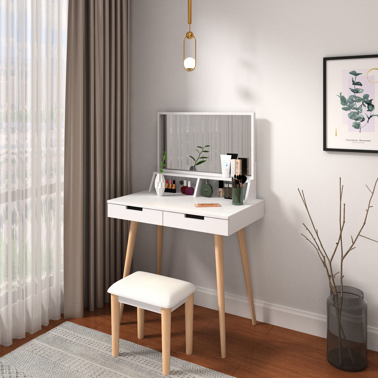 GLSCASA Makeup Vanity Desk with Mirror and Lights, Bedroom Vanity Table