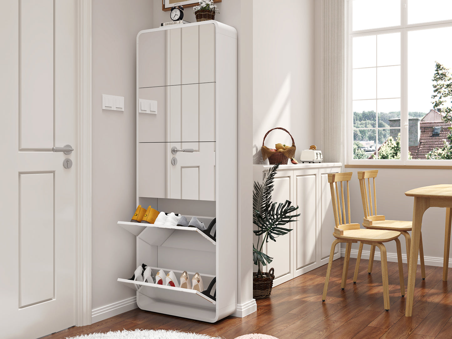 Modern Arched Mirrored Shoe Cabinet with 5 Flip Drawers, Full-Length Mirror Tall Entryway Organizer - White