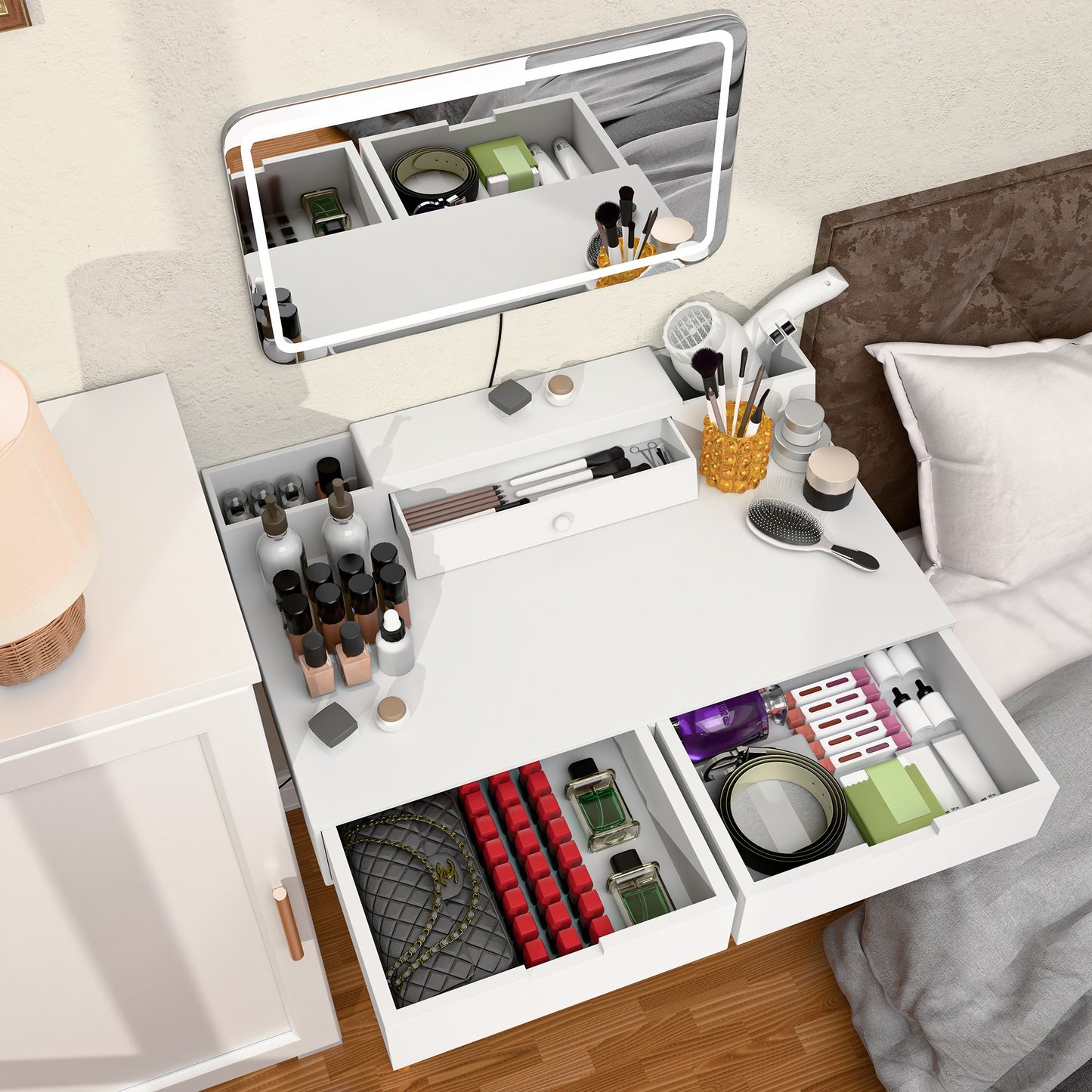 Makeup Vanity Desk with Removable Mirror and Lights, 3 Color Modes & Adjustable Brightness Dressing Table, Small Vanity Table Set with 2 Drawers for Bedroom, white