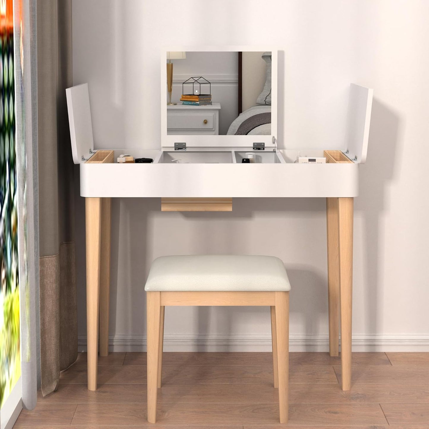 Vanity Table with Flip Top Mirror,Wooden Makeup Dressing Table,Flip Top Makeup Vanity Table with Double Door Compartment