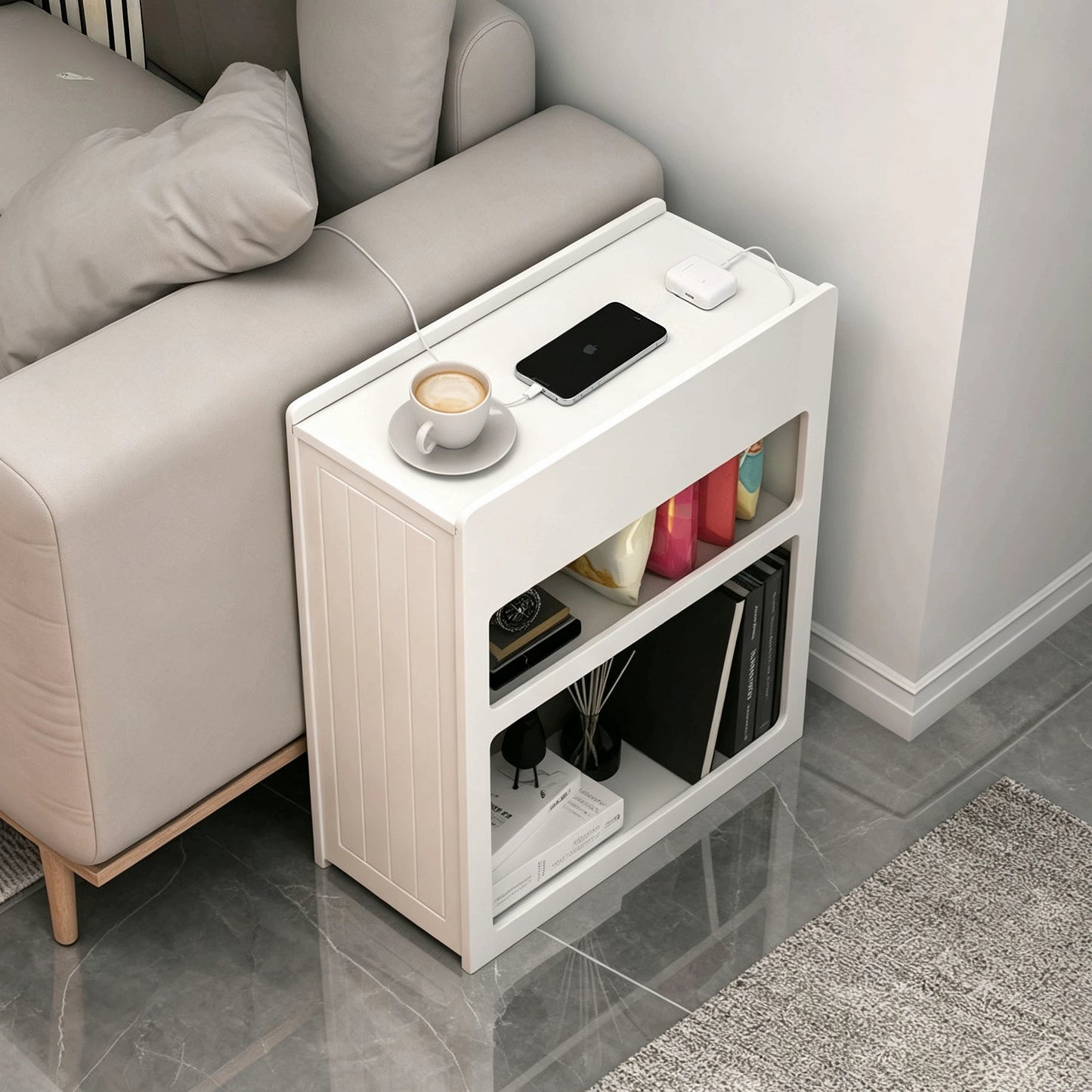 Narrow Side Table with Built-In Outlets, Flip-Top Hidden Drawer & Storage Shelves