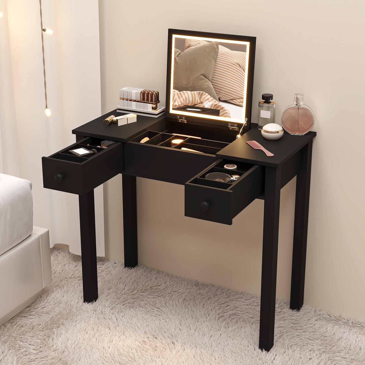 Black Vanity Desk with Flip-Top LED Mirror , Small Makeup Table with 2 Drawers & Storage for Bedroom