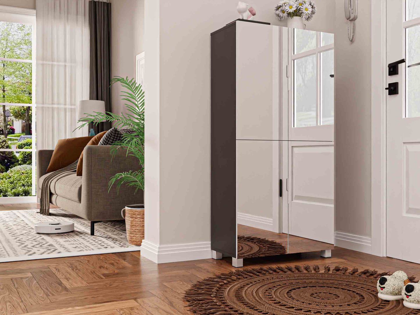 Shoe Cabinet with 4 Mirror Doors, 6 Adjustable Shelves & ample space for Closet, Entryway, Hallway, Black ( 24.8"L x 13.2"W x 50.3"H)