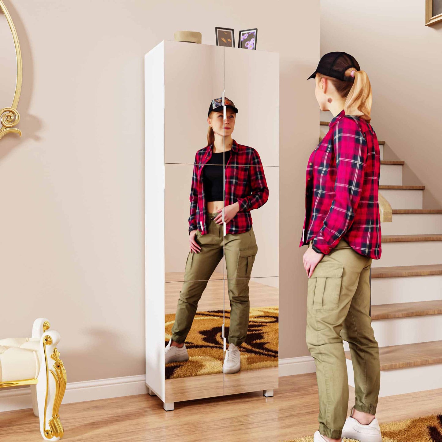Full Body Length Mirror Shoe Cabinet with 6 Doors, Adjustable Shelves and Large Space for Foyer, Hallway, Front Entrance, White