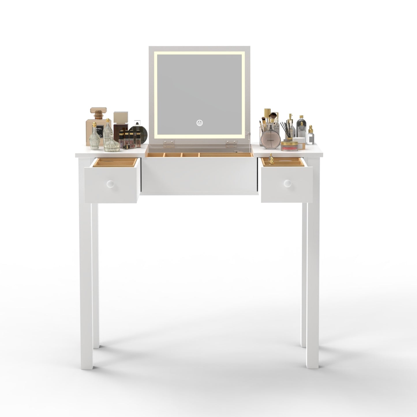White Vanity Desk with Flip-Top LED Mirror , Small Makeup Table with 2 Drawers & Storage for Bedroom