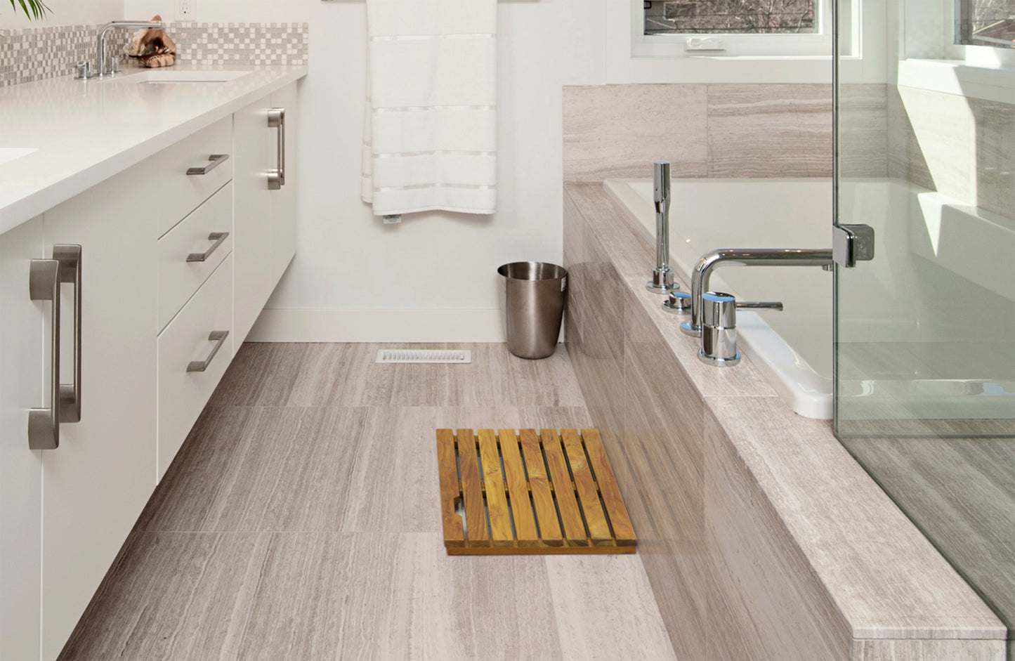 Non-Slip Teak Bath Mat for Shower & Bathroom Floor – Large Solid Wood Spa Mat with Fast Drainage & Anti-Skid Pads for Indoor, Outdoor & Sauna