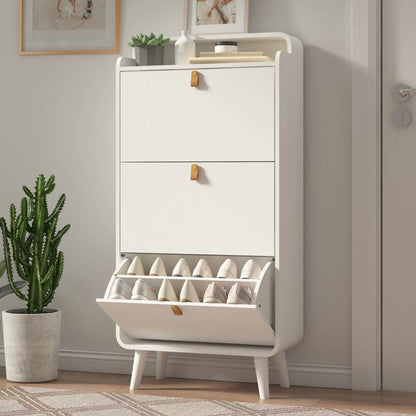 Shoe Storage Cabinet with 3 Flip Drawers, Freestanding Narrow Tipping Shoe Storage Rack with Top Open Cubby Shelf for Entryway, Modern White