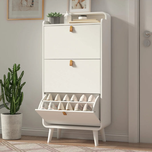 Shoe Storage Cabinet with 3 Flip Drawers, Freestanding Narrow Tipping Shoe Storage Rack with Top Open Cubby Shelf for Entryway, Modern White