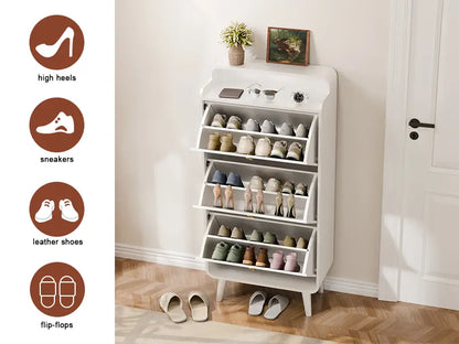 Shoe Storage Cabinet with 3 Flip Drawers, Freestanding Narrow Tipping Shoe Storage Rack with Top Open Cubby Shelf for Entryway, Modern White