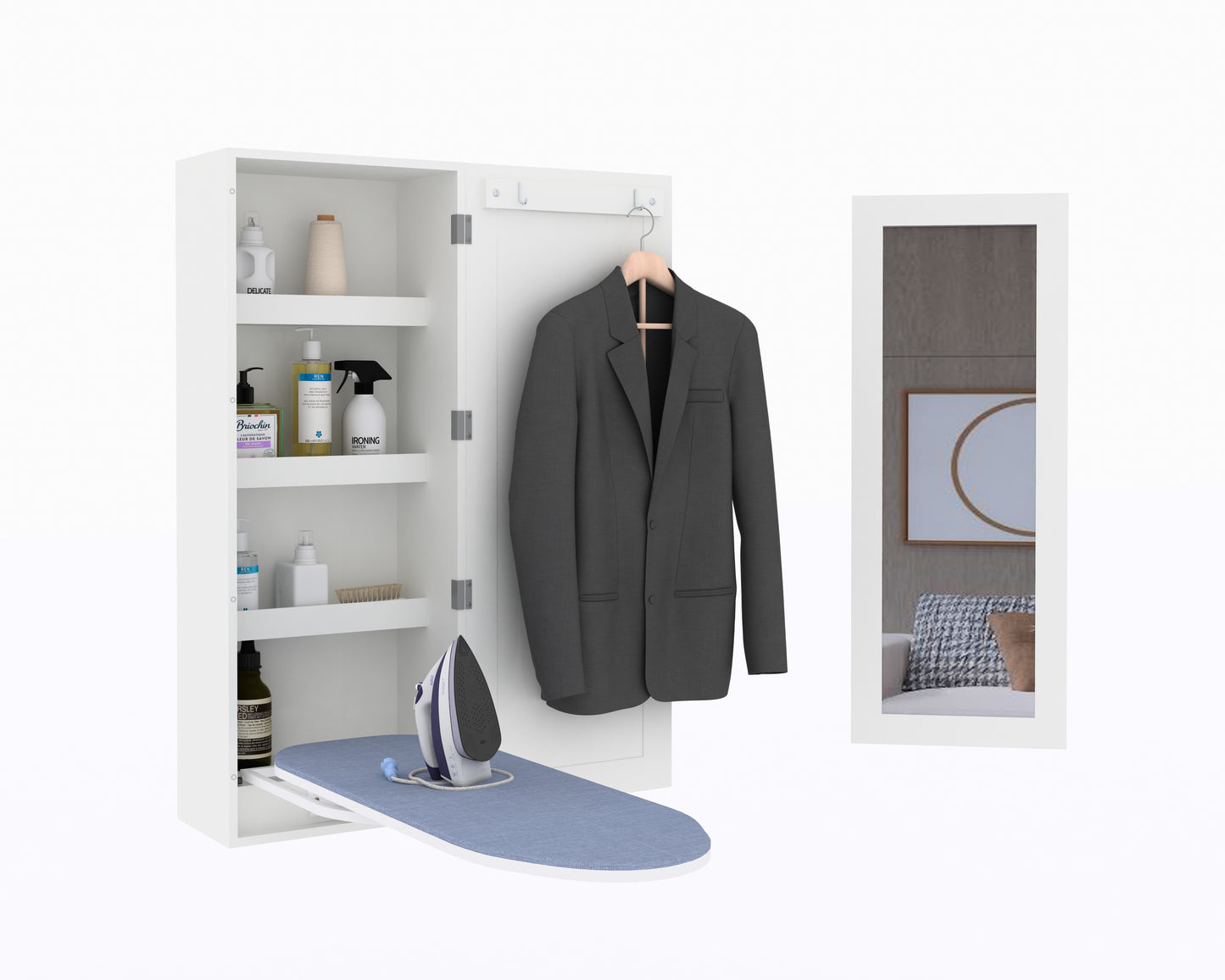 GLSCASA Ironing Board Cabinet Wall Mounted Storage Cabinet Foldable with Mirror, White