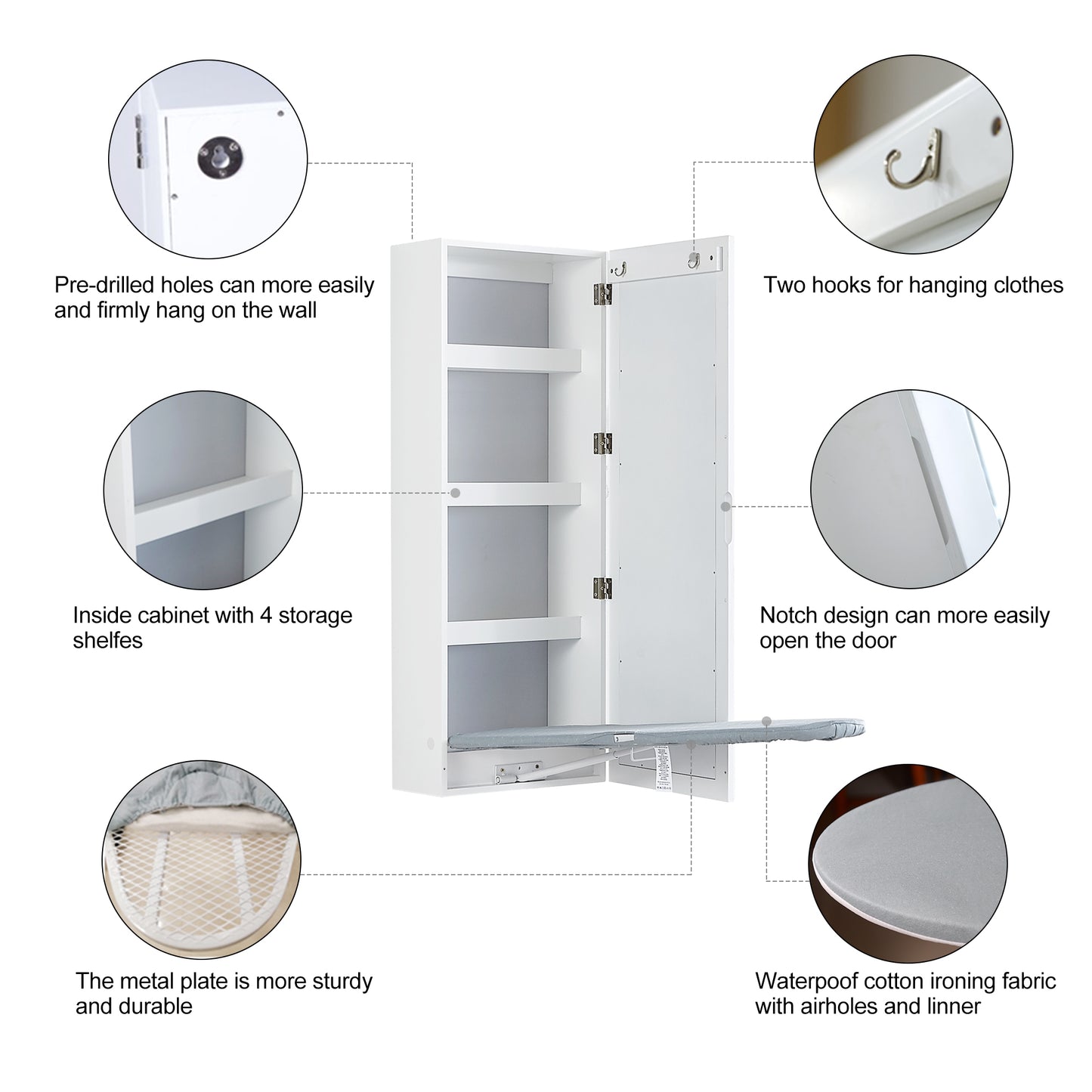 GLSCASA Ironing Board Cabinet Wall Mounted Storage Cabinet Foldable with Mirror, White