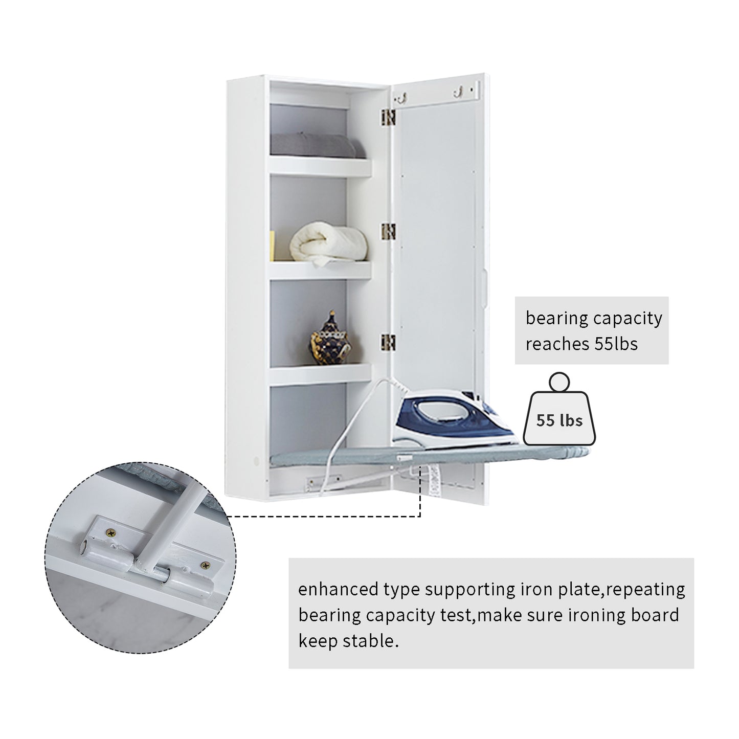 GLSCASA Ironing Board Cabinet Wall Mounted Storage Cabinet Foldable with Mirror, White
