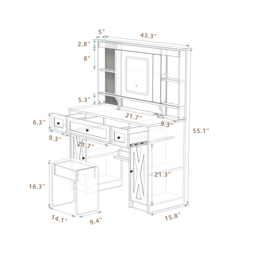 Farmhouse Vanity Desk with Sliding Mirror,Lights and Charging Station,Makeup Table Desk with Dimmable Led Light,Vanity Makeup Table with Sponge Soft Stool,White+Brown Finish