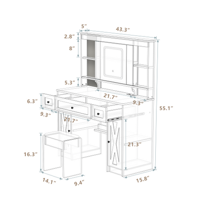 Farmhouse Vanity Desk with Sliding Mirror,Lights and Charging Station,Makeup Table Desk with Dimmable Led Light,Vanity Makeup Table with Sponge Soft Stool,White+Brown Finish