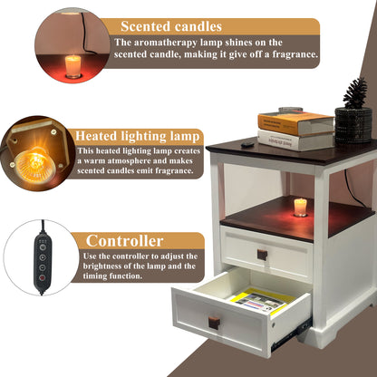Smart Nightstand with Dimmable Aromatherapy Lamp & Timer, Modern Farmhouse End Table with 2 Drawers