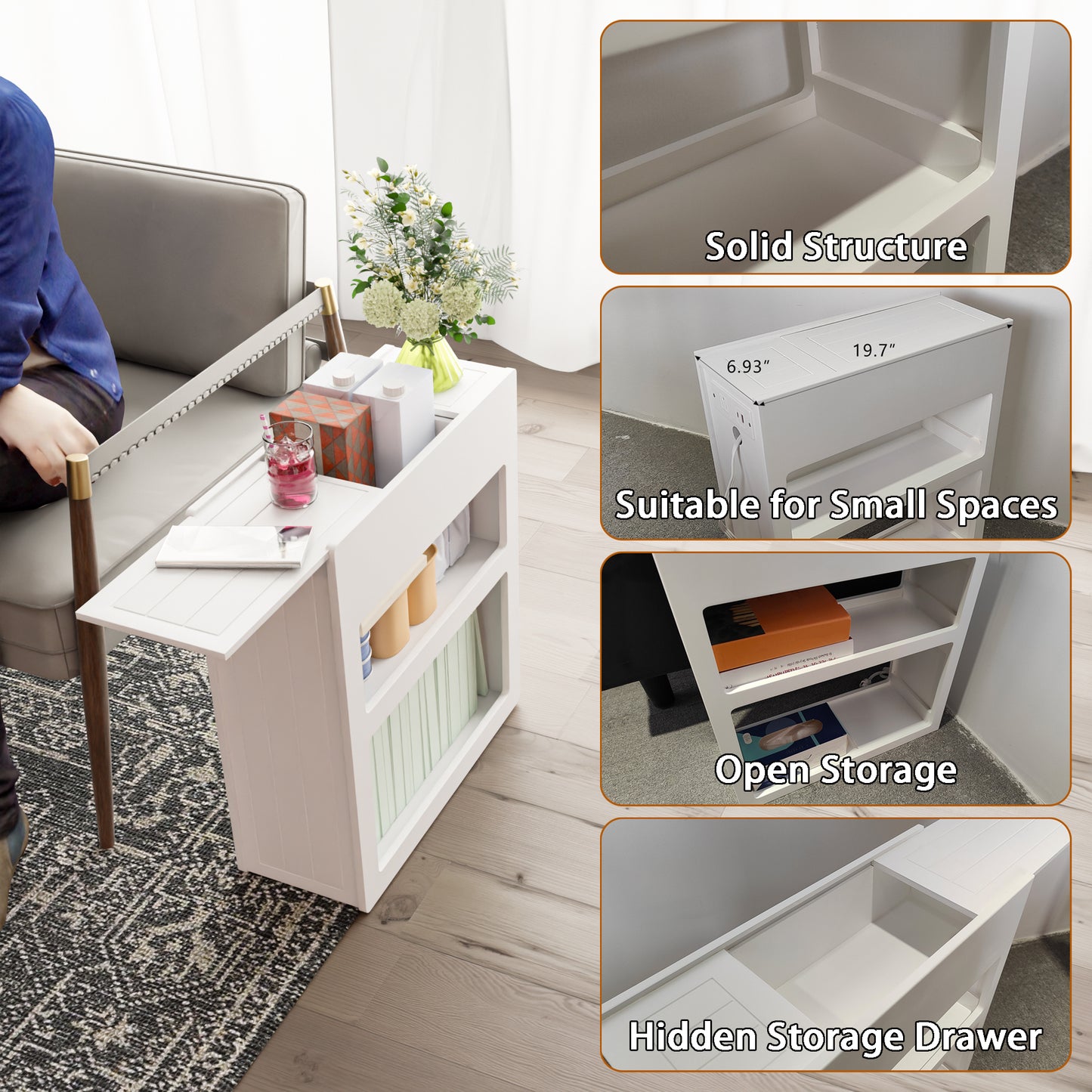 Narrow Side Table with Built-In Outlets, Flip-Top Hidden Drawer & Storage Shelves