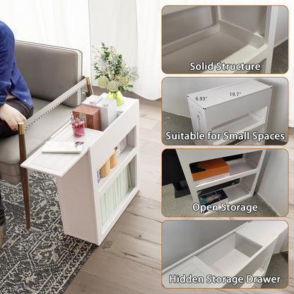 Narrow Side Table with Built-In Outlets, Flip-Top Hidden Drawer & Storage Shelves