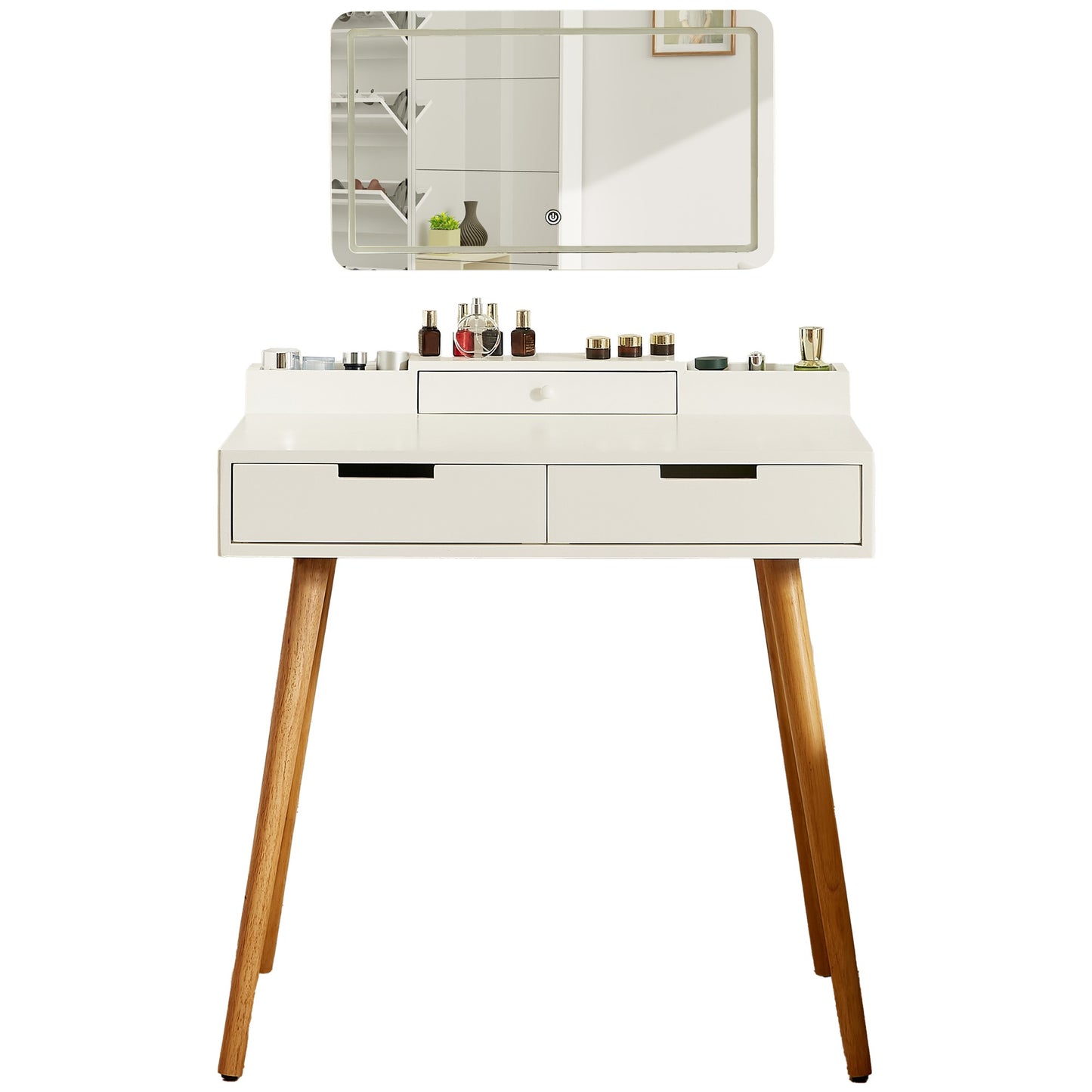 Makeup Vanity Desk with Removable Mirror and Lights, 3 Color Modes & Adjustable Brightness Dressing Table, Small Vanity Table Set with 2 Drawers for Bedroom, white