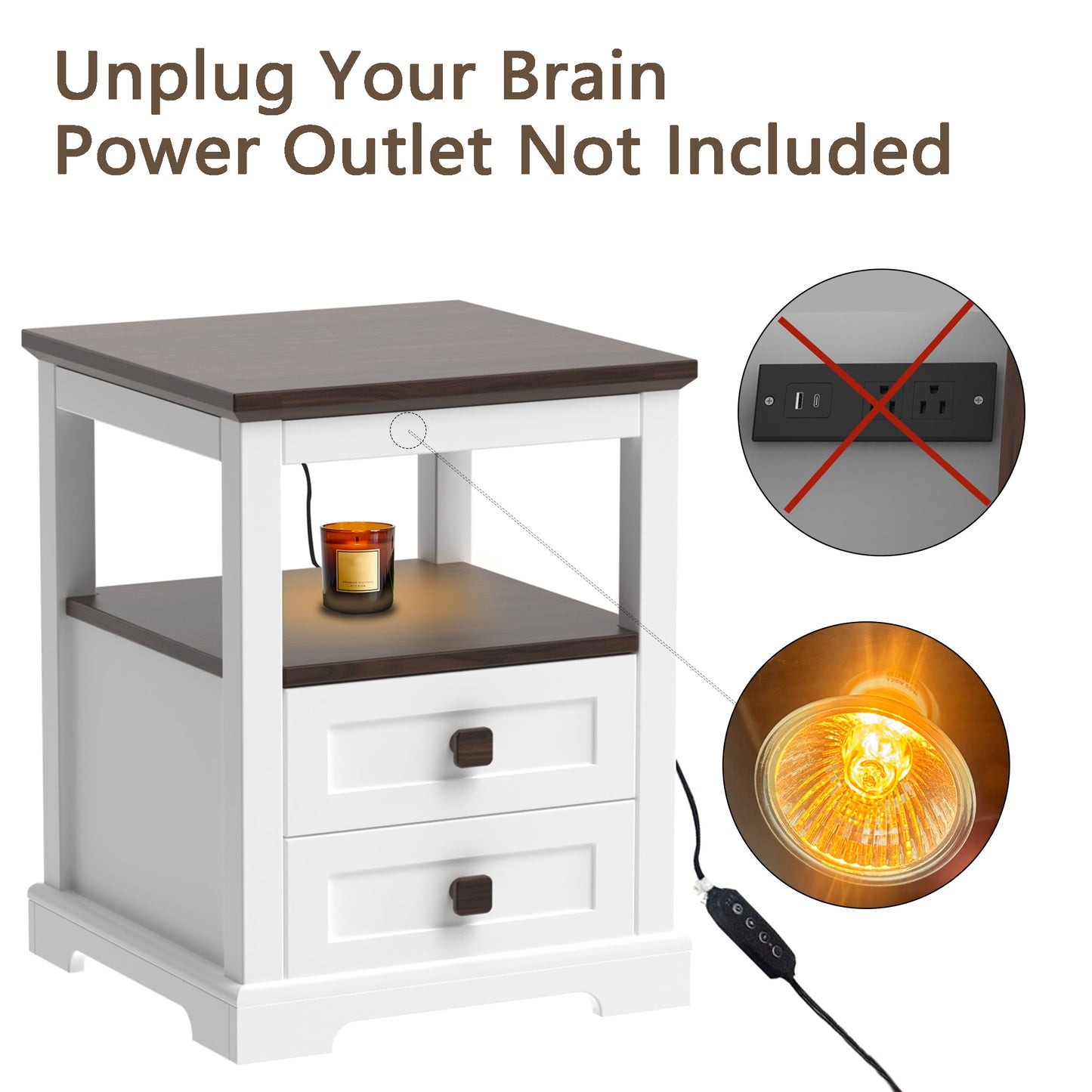 Smart Nightstand with Dimmable Aromatherapy Lamp & Timer, Modern Farmhouse End Table with 2 Drawers