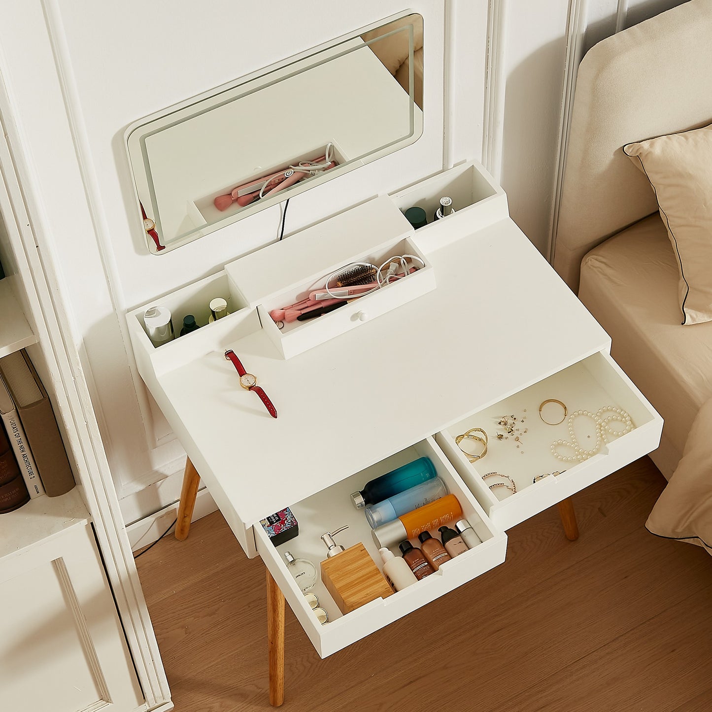 Makeup Vanity Desk with Removable Mirror and Lights, 3 Color Modes & Adjustable Brightness Dressing Table, Small Vanity Table Set with 2 Drawers for Bedroom, white