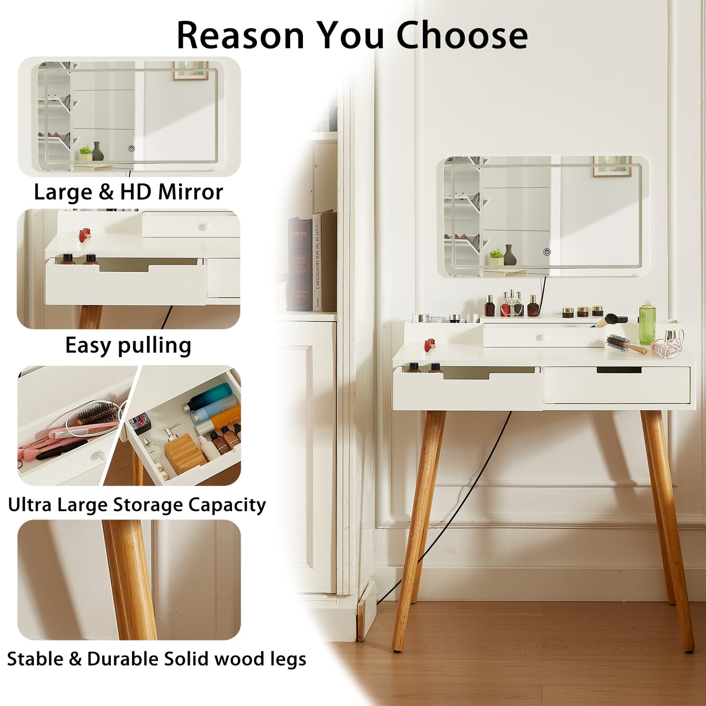 Makeup Vanity Desk with Removable Mirror and Lights, 3 Color Modes & Adjustable Brightness Dressing Table, Small Vanity Table Set with 2 Drawers for Bedroom, white