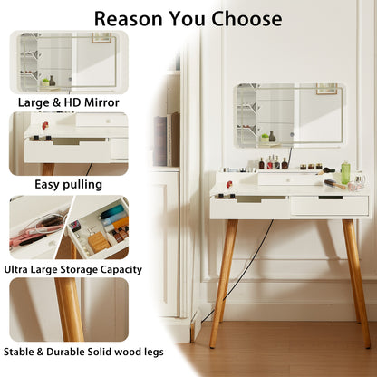 Makeup Vanity Desk with Removable Mirror and Lights, 3 Color Modes & Adjustable Brightness Dressing Table, Small Vanity Table Set with 2 Drawers for Bedroom, white
