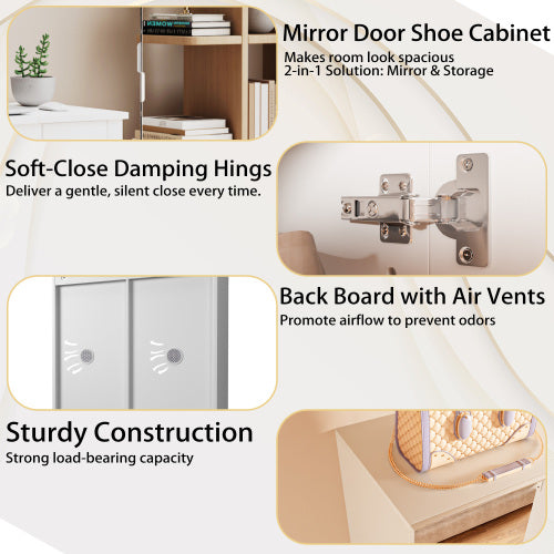 Shoe Cabinet with 6 Mirror Doors– Entryway Storage, with Adjustable Shelves &Ventilation Holes,Holds 27 Pairs (Size 15),Dust-Proof Engineered Wood Closet for Hallway/Apartment (White)