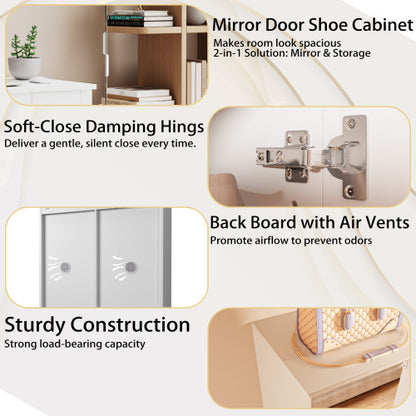 Shoe Cabinet with 6 Mirror Doors– Entryway Storage, with Adjustable Shelves &Ventilation Holes,Holds 27 Pairs (Size 15),Dust-Proof Engineered Wood Closet for Hallway/Apartment (White)