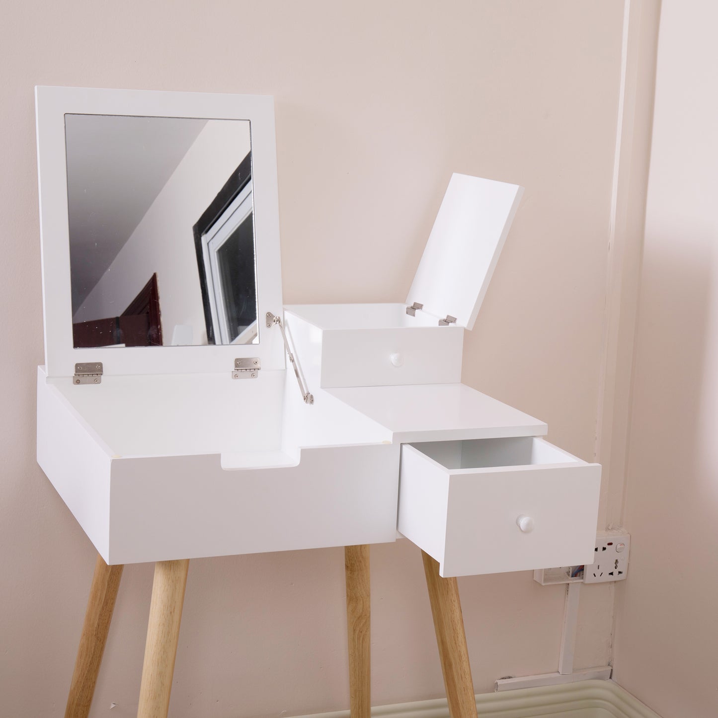 White Vanity  Makeup Dressing Table 3 Drawer Mirror Wood Desk
