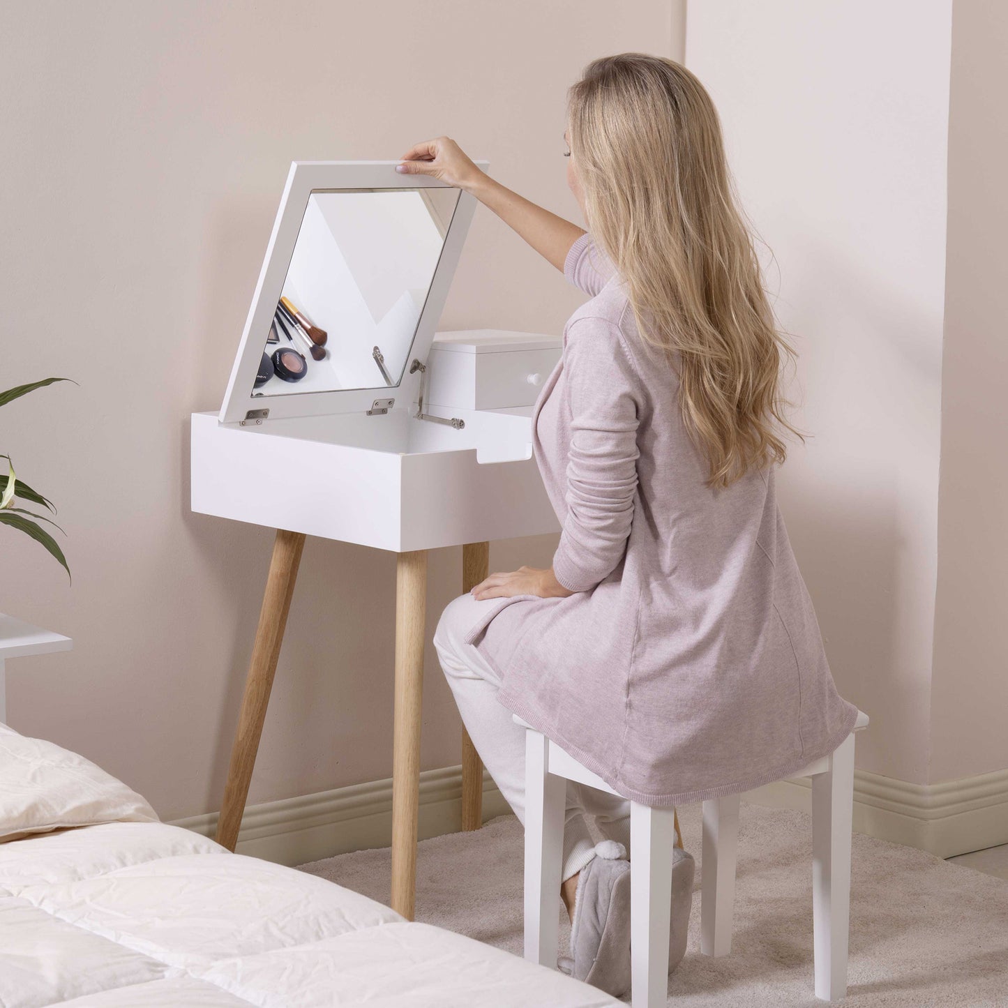 White Vanity  Makeup Dressing Table 3 Drawer Mirror Wood Desk