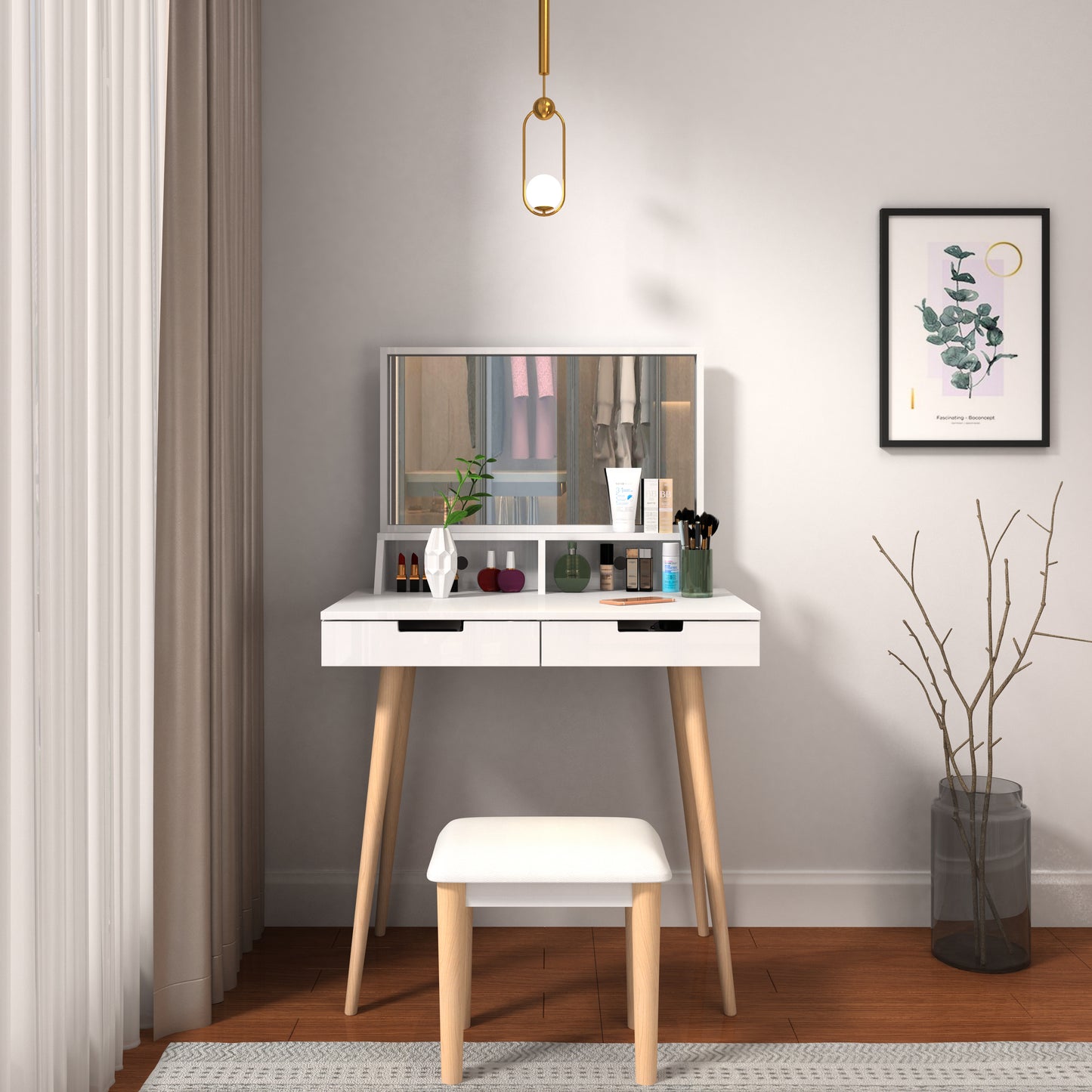 GLSCASA Makeup Vanity Desk with Mirror and Lights, Bedroom Vanity Table