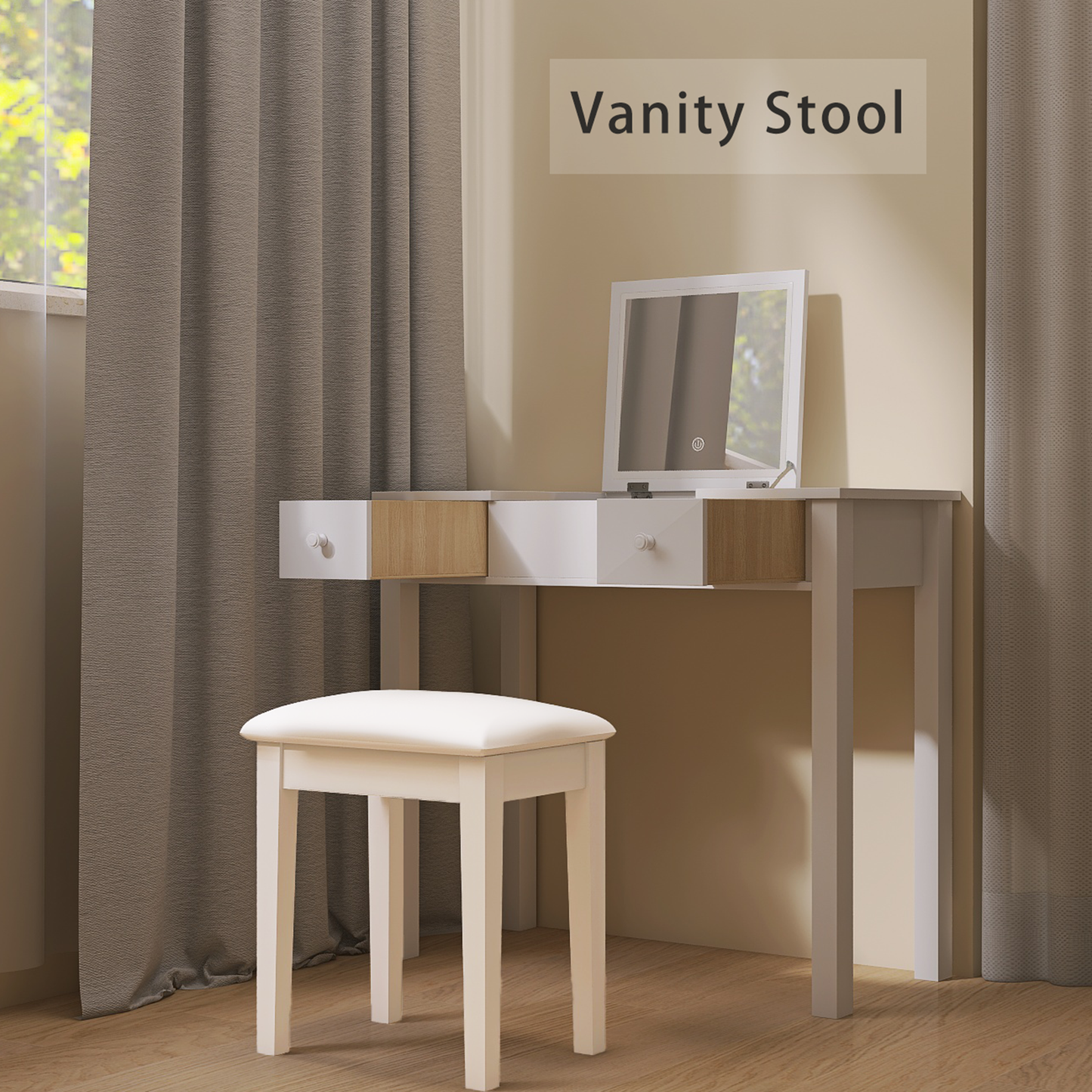 GLSCASA Vanity Stool Makeup Bench Dressing Stool with Cushion and Solid Legs,White