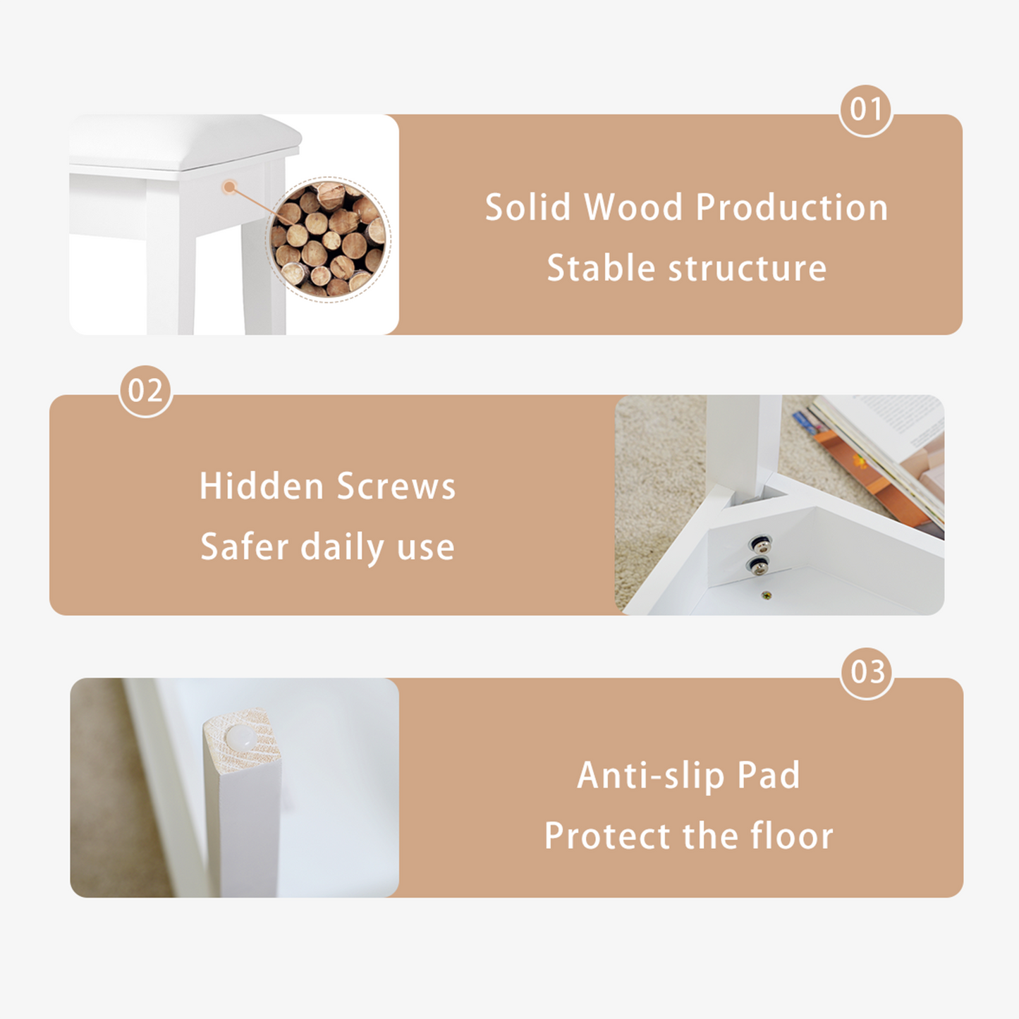 GLSCASA Vanity Stool Makeup Bench Dressing Stool with Cushion and Solid Legs,White