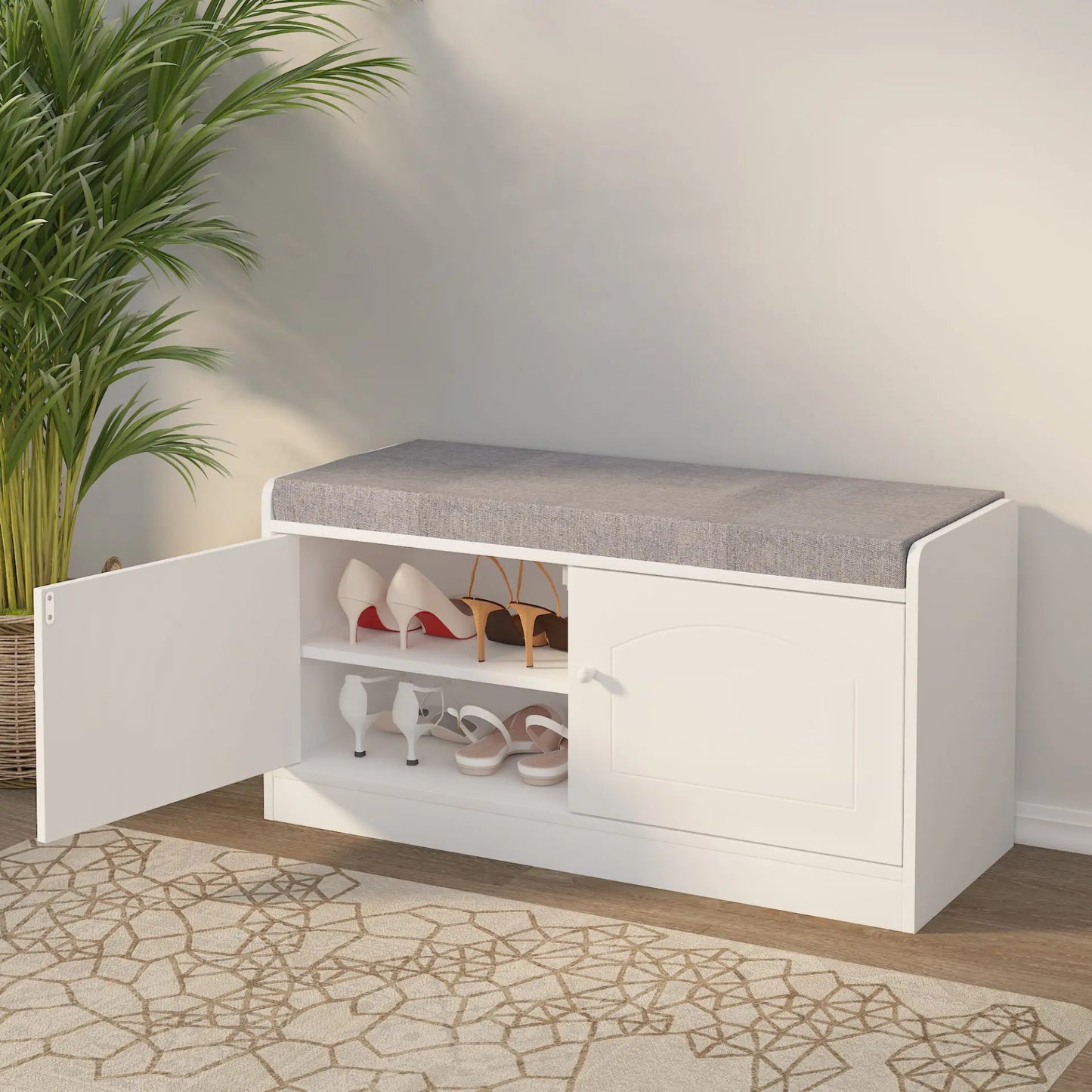 2-Tier Shoe Storage Bench with Door, Freestanding Entryway Bench with Comfortable Padded Seat Cushion for Bedroom & Hallway