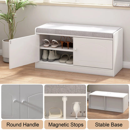 2-Tier Shoe Storage Bench with Door, Freestanding Entryway Bench with Comfortable Padded Seat Cushion for Bedroom & Hallway