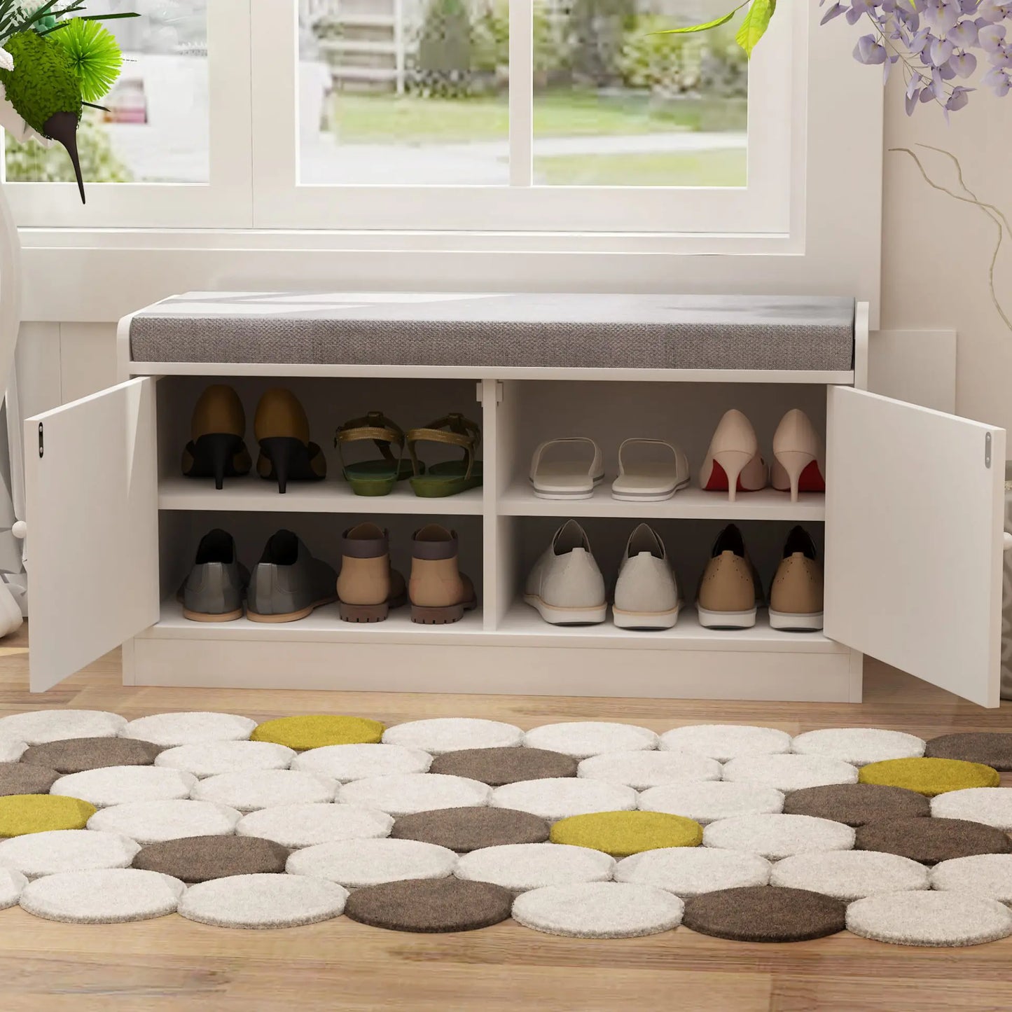 2-Tier Shoe Storage Bench with Door, Freestanding Entryway Bench with Comfortable Padded Seat Cushion for Bedroom & Hallway