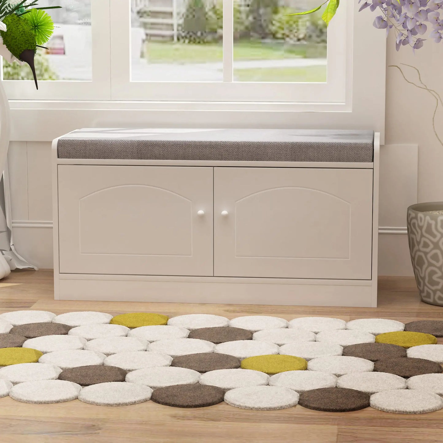 2-Tier Shoe Storage Bench with Door, Freestanding Entryway Bench with Comfortable Padded Seat Cushion for Bedroom & Hallway