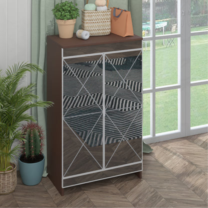 Elegant Decor Mirrored Cabinet with Silver Edging,Mirrored Cabinet with Double Door Storage,Shoe Storage Cabinet for Entryway,Glass+Brown Finish