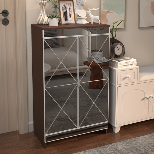 Elegant Decor Mirrored Cabinet with Silver Edging,Mirrored Cabinet with Double Door Storage,Shoe Storage Cabinet for Entryway,Glass+Brown Finish