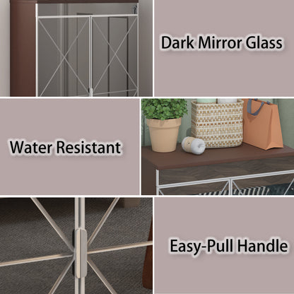 Elegant Decor Mirrored Cabinet with Silver Edging,Mirrored Cabinet with Double Door Storage,Shoe Storage Cabinet for Entryway,Glass+Brown Finish