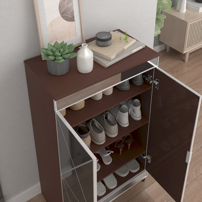 Elegant Decor Mirrored Cabinet with Silver Edging,Mirrored Cabinet with Double Door Storage,Shoe Storage Cabinet for Entryway,Glass+Brown Finish