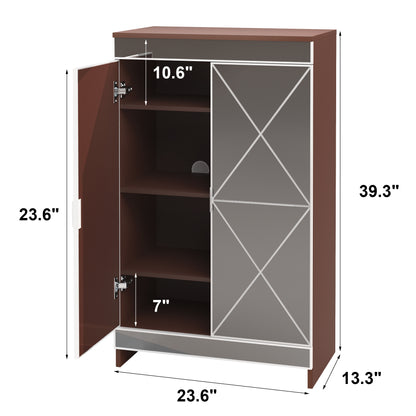 Elegant Decor Mirrored Cabinet with Silver Edging,Mirrored Cabinet with Double Door Storage,Shoe Storage Cabinet for Entryway,Glass+Brown Finish