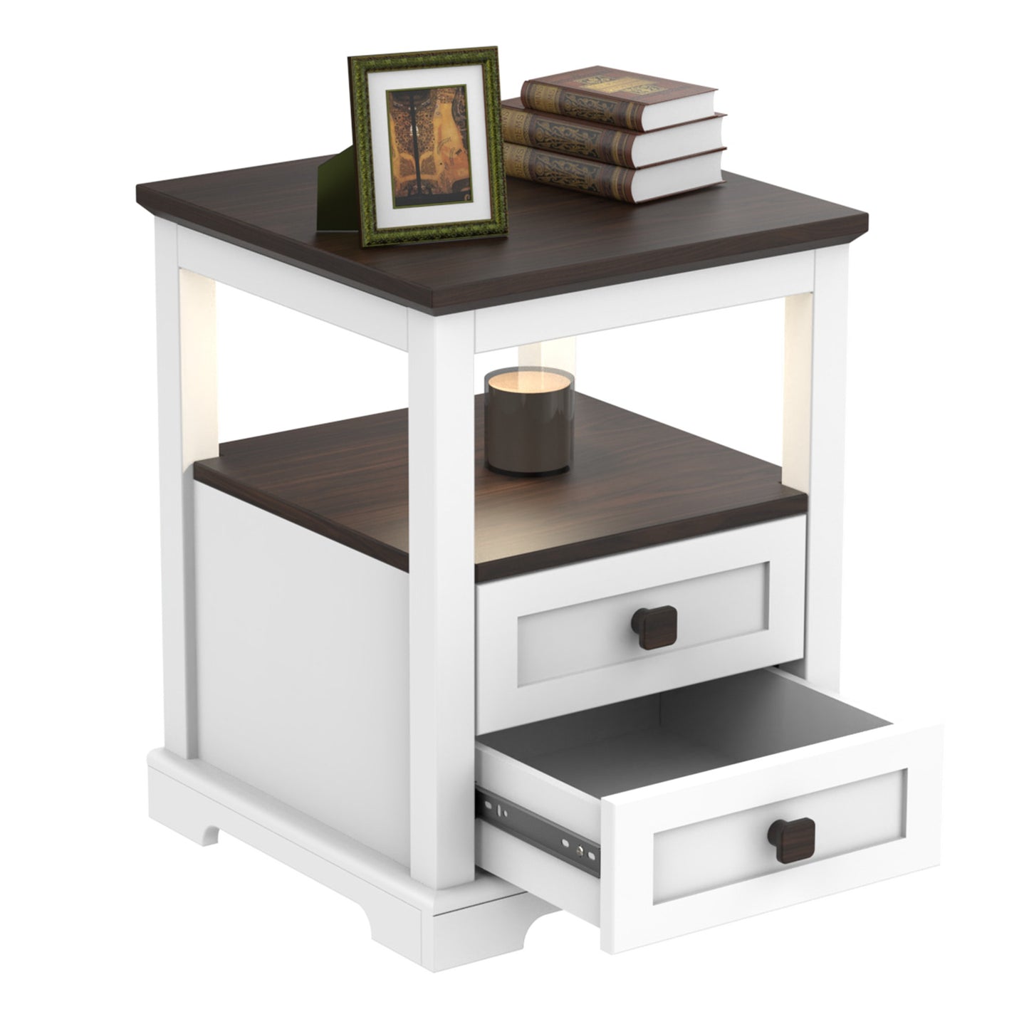 Smart Nightstand with Dimmable Aromatherapy Lamp & Timer, Modern Farmhouse End Table with 2 Drawers