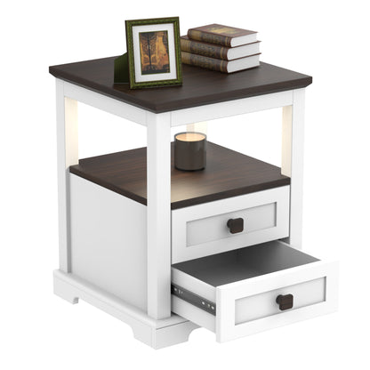 Smart Nightstand with Dimmable Aromatherapy Lamp & Timer, Modern Farmhouse End Table with 2 Drawers