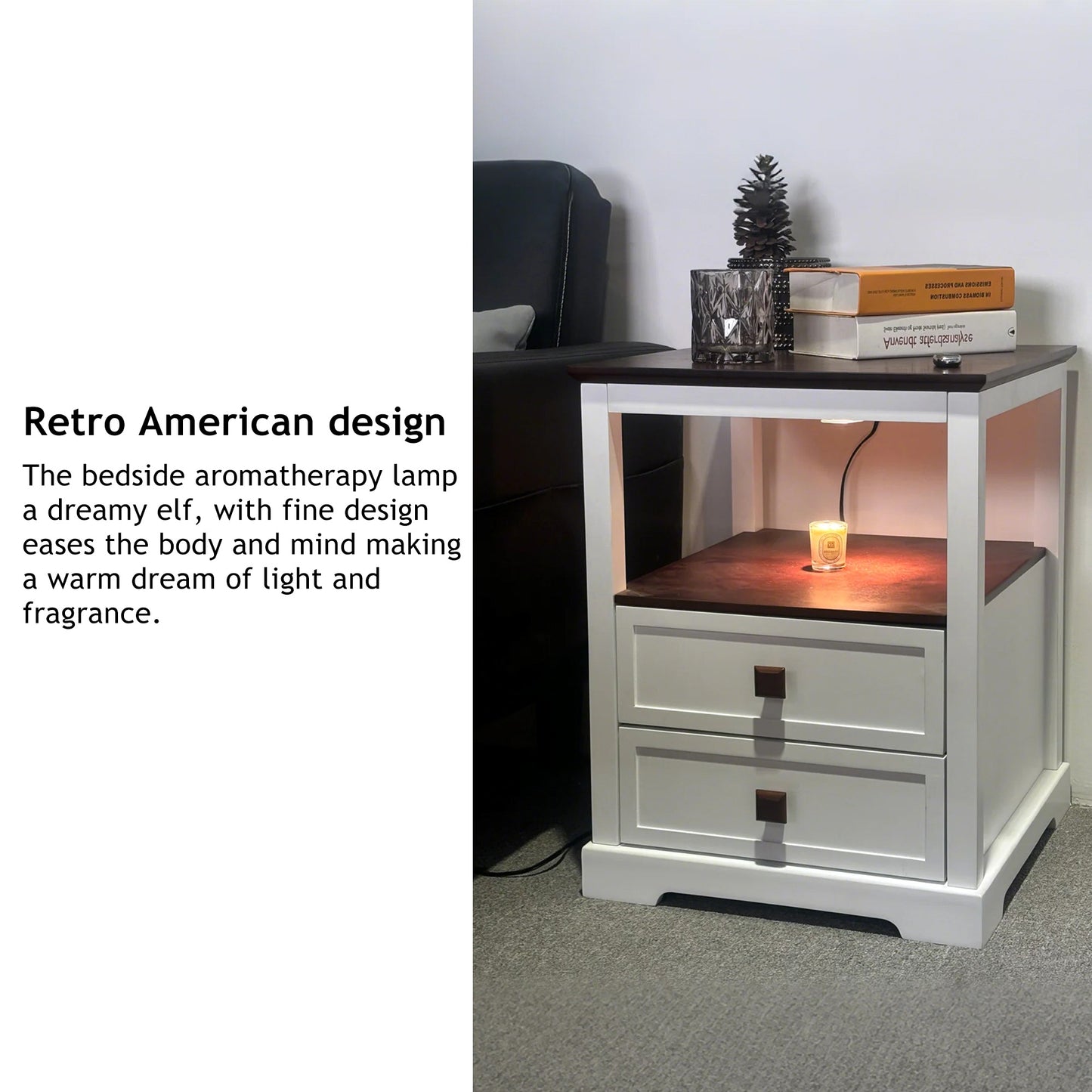 Smart Nightstand with Dimmable Aromatherapy Lamp & Timer, Modern Farmhouse End Table with 2 Drawers