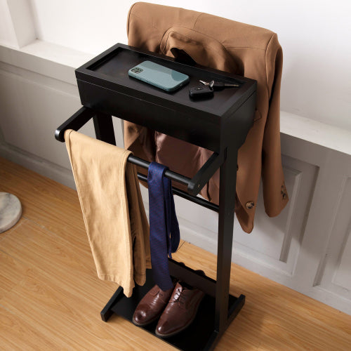 Executive Wooden Suit Valet Stand with Storage Drawer & Shoe Rack – Standing Clothes Rack Organizer for Suit, Jacket, Trousers & Night-Before Outfit Prep