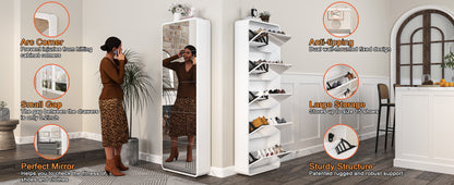 Modern Arched Mirrored Shoe Cabinet with 5 Flip Drawers, Full-Length Mirror Tall Entryway Organizer - White