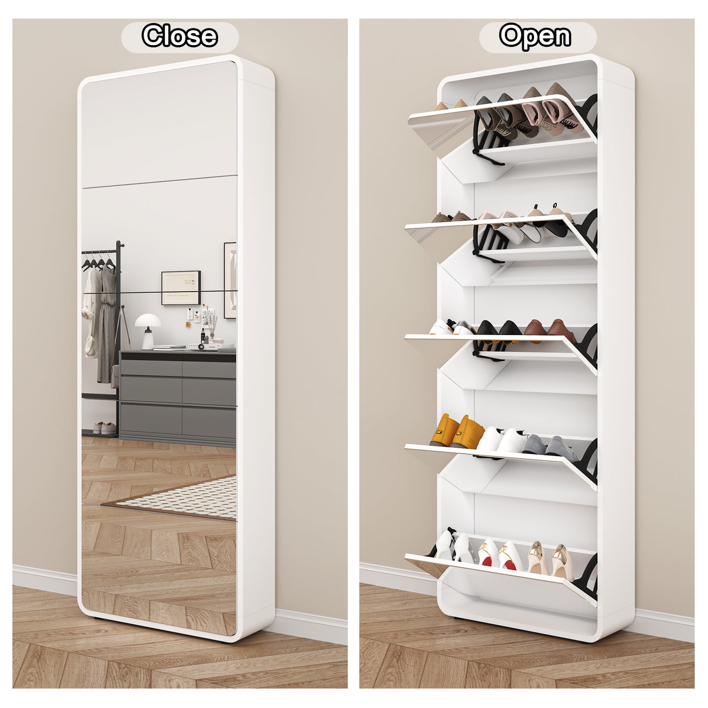 Modern Arched Mirrored Shoe Cabinet with 5 Flip Drawers, Full-Length Mirror Tall Entryway Organizer - White